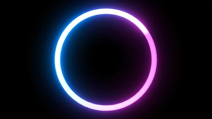 A vibrant and dynamic neon glowing circle animation with a smooth color transition from electric blue to radiant pink and purple creating a futuristic digital loading interface element on a stark bla. - Powered by Adobe