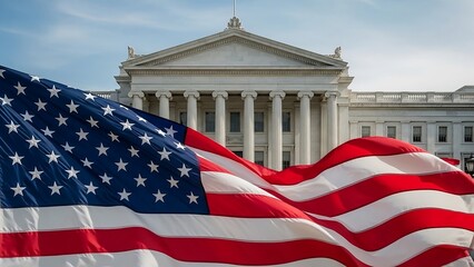 Patriotic Presidents Day celebration concept featuring symbolic neoclassical architecture American flag balanced copyspace timeless national holiday background professional commercial design