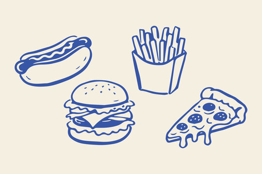 Fast food burger pizza hotdog fries doodle vector illustration
