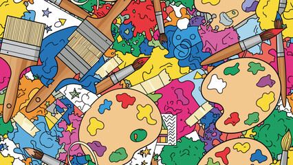 Obraz premium Colorful paintbrushes and palettes with paints in various colors and shapes everywhere