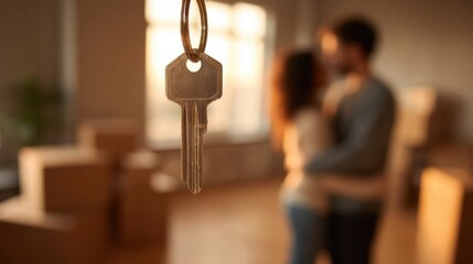 Closeup of a house key in focus with a young couple hugging in their new apartment surrounded by cardboard moving boxes.