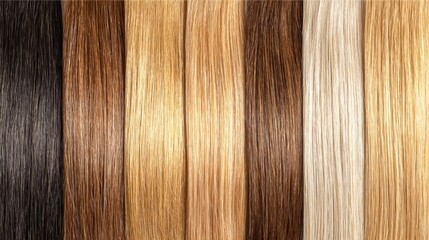 Assortment of natural and dyed hair color textures from black to platinum blonde