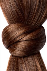 Smooth straight brown hair tied into a neat knot, highlighting texture, shine, and healthy strands on white background.