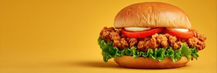 Crispy fried chicken sandwich with lettuce, tomato, and mayonnaise on yellow background