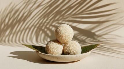 Traditional Indian Til Ke Laddu made from sesame seeds and jaggery, served on a ceramic plate with a tropical leaf and palm shadows in warm natural light.
