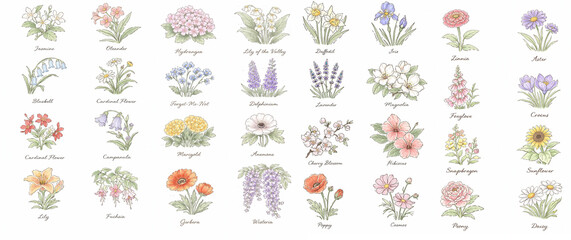 Watercolor botanical flowers collection