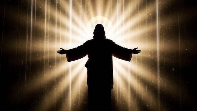 Silhouette of Jesus Christ with open arms against glowing divine light. Sacred resurrection and blessing concept for christian worship, religious holiday, and spiritual hope background.