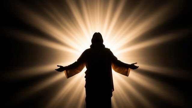 Silhouette of Jesus Christ with outstretched arms against bright light rays. Spiritual resurrection, christianity, hope, faith and divine grace concept for religious holiday and prayer.