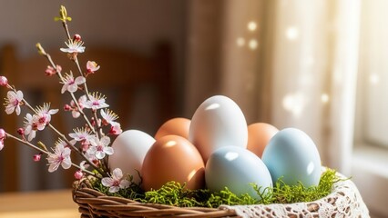 Beautiful Easter eggs in wicker basket with green moss and blooming cherry flowers in warm morning sunlight, cozy spring holiday home decoration, celebration morning tradition concept.