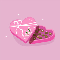 On a pink background, a gift box with heart-shaped chocolates. Concept for March 8, Valentine's Day, Wedding Day, and Family Day