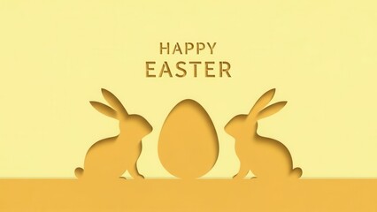 Obraz premium Happy Easter greeting with paper cut bunny silhouettes and central egg in yellow monochrome. Elegant 3D papercut style for holiday card, commercial promotion and festive marketing design.