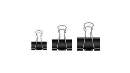 Photorealistic Black Binder Clips Set Isolated on Transparent Background PNG – Small, Medium and Large Office Clips
