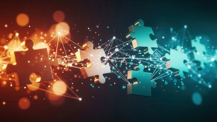 Floating metallic puzzle pieces connected by digital network lines. Abstract technology and business concept illustrating data integration, blockchain, and strategic teamwork.