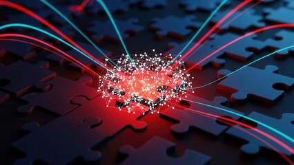Abstract glowing data hub connecting puzzle pieces, symbolizing AI, network integration, innovation and problem solving. Modern digital background for tech, business and future solutions.