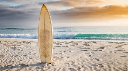 Surfboard on beach at sunset: summer vacation, surfing, ocean waves, beach lifestyle