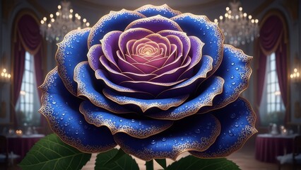 Luxurious blue and violet rose with gold filigree petals, sparkling dewdrops, cinematic ballroom lighting, ultra-detailed fantasy realism