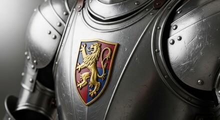 Knight armor close up with lion crest shield. Medieval warrior suit for historic reenactment or fantasy concept. Steel protection battle gear