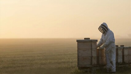 Beekeeper working with beehive in morning fog among field for honey production and agricultural industry banner