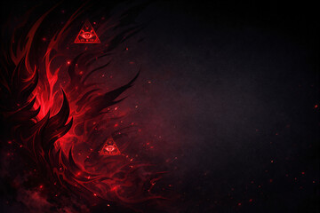 邪眼シンボルと黒炎が広がるダークアブストラクト背景