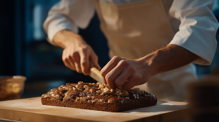The heart of food craftsmanship is visible in a bakery, where raw ingredients are transformed into fresh, flavorful baked products every day. cinematic color correction, natural uneven lighting yet