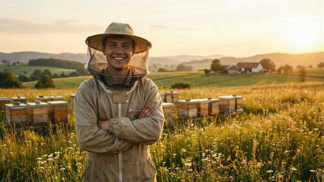 Smiling man beekeeper in protective suit standing in a field with beehives at sunset. Organic honey farming concept