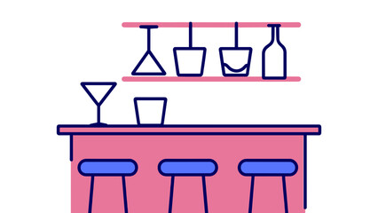 Fototapeta premium A charming minimalist illustration depicts a modern bar counter setup with three stools and hanging cocktail glasses.
