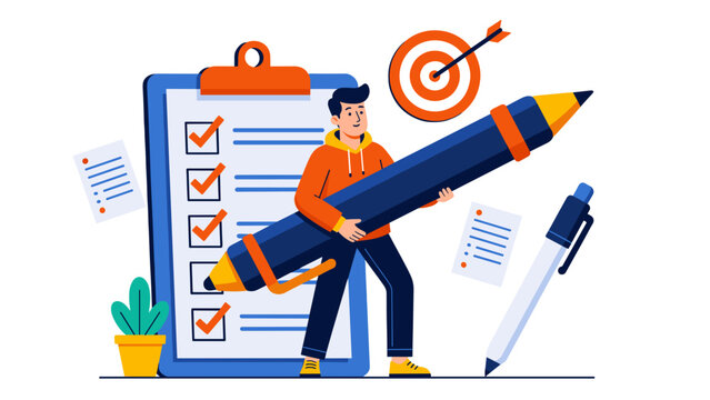 A determined man holds a giant pencil next to a large checklist showing completed items and a target.