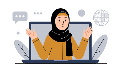 A friendly Muslim woman wearing a hijab appears on a laptop screen, engaging in an online video call or e-learning session.