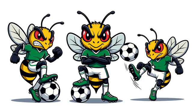 Three cartoon bee characters, dressed as soccer players in green and white uniforms, are dynamically posing with soccer balls, embodying a strong team spirit and sportsmanship.