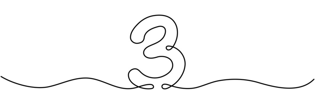 Continuous line drawing number three in elegant single stroke style. Hand drawn mathematical symbol. Ideal for modern educational materials and minimalist graphic design. Vector illustration isolated.