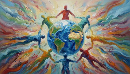  Diverse people uniting hands to form and paint vibrant Earth globe, symbol of global creativity and World Art Day celebration