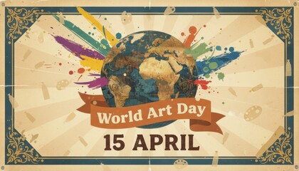 Vintage poster style World Art Day banner for 15 April with paint splash on globe, colorful celebration design