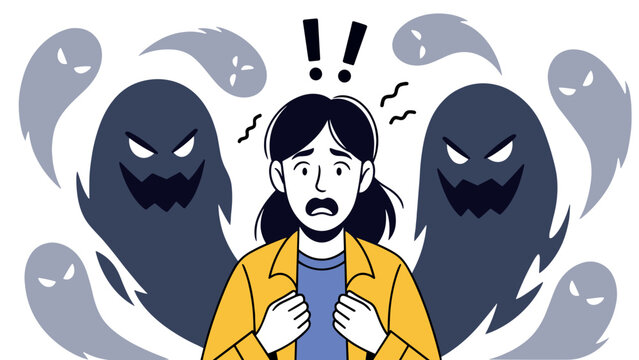 A terrified young woman is surrounded by menacing spooky ghosts in a conceptual illustration about fear and anxiety.