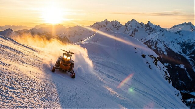 Snowmobile riding on a snowy mountain with sun flare during sunset. Winter extreme sport activity adventure in a beautiful landscape