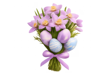 Easter bouquet with pastel flowers and colored eggs
