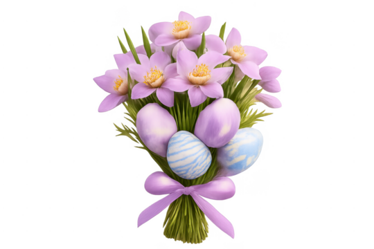 Easter bouquet with pastel flowers and colored eggs - Powered by Adobe