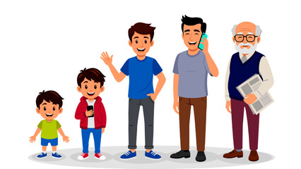 A comprehensive illustration showcasing the different stages of a man's life, from childhood to young adulthood and elder.