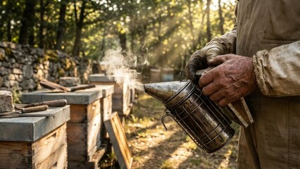 Man beekeeper using a smoker in apiary on sunny day. Beekeeping equipment for honey farming and sustainable agriculture