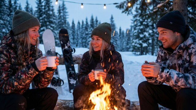 Two women and a man enjoying hot drink around a campfire in snowy forest. Winter outdoor activity concept for friends spending time together