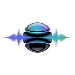 Abstract audio waveform and sound sphere with gradient colors and reflections sound wave