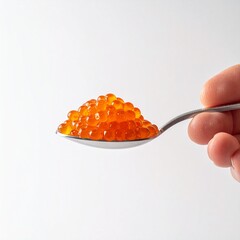 A spoonful of vibrant orange salmon caviar on white background