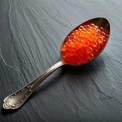 Spoonful of Fresh Red Salmon Caviar on Dark Slate