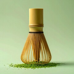 Traditional Japanese Matcha Whisk with Green Tea Powder Display