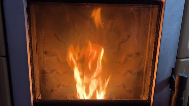 Fire behind the glass door of a cast iron pellet stove