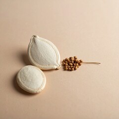 Sesame seeds and seed pods on a beige background