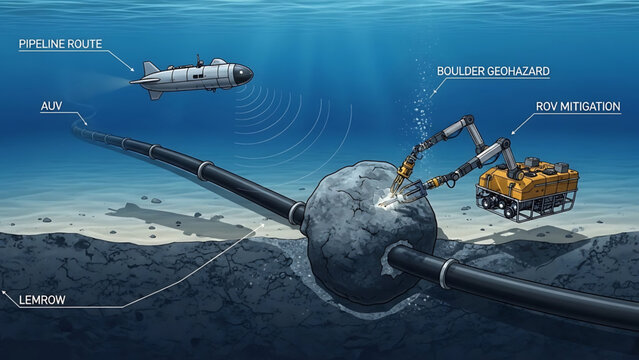 Oil An underwater pipeline installation with ROV and AUV vehicles for seabed mapping and boulder mitigation