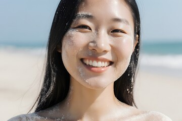 A woman standing on a beach covered in sand