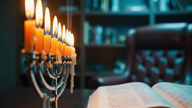 Hanukkah Menorah with Burning Candles and Open Holy Book on Desk