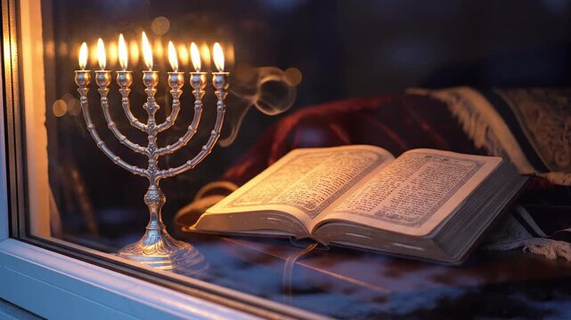 Hanukkah Menorah with Open Holy Book by Window at Dusk