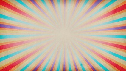 Vibrant retro sunburst background with colorful radial stripes. Vintage pop art circus rays for commercial poster design, summer sale banner, and creative advertising flyer background.